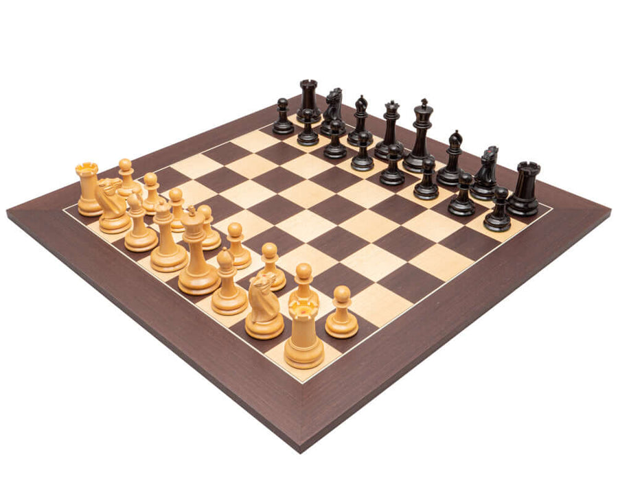 JJ Cooke Reproduction Ebony and Wenge Luxury Chess Set with deluxe board and beautifully crafted chessmen on display.