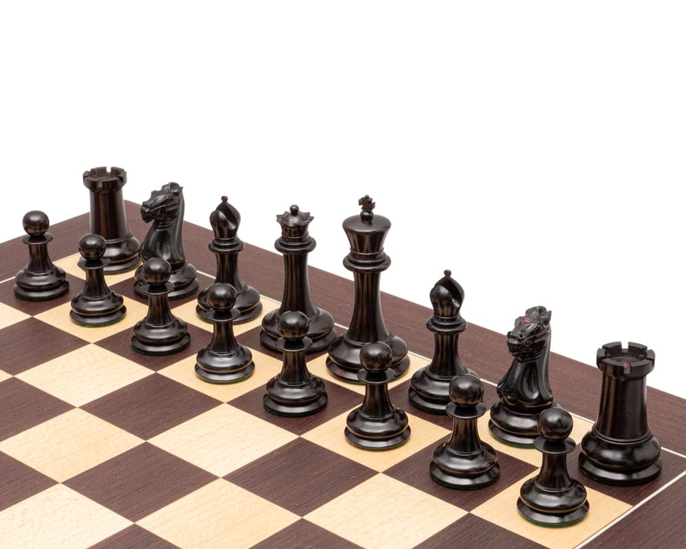 JJ Cooke Reproduction Ebony and Wenge Luxury Chess Set with 4.4 inch king and 23.6 inch board, featuring beautifully crafted pieces and deluxe board.