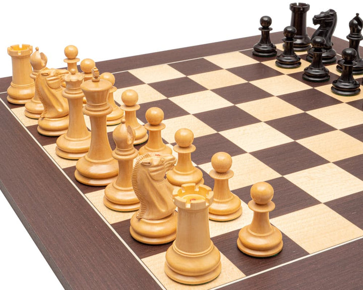 JJ Cooke Reproduction Ebony and Wenge Luxury Chess Set on deluxe board from Spain with detailed Staunton chessmen pieces