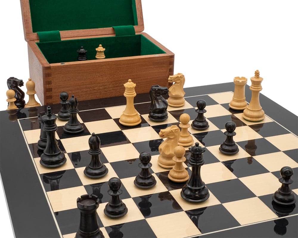 Luxury Staunton competition chess set with wooden board and case featuring intricately crafted chessmen on display