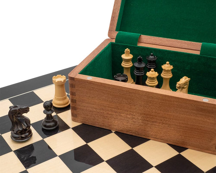 Luxury Staunton Competition Chess Set with wooden case, intricately crafted chessmen, and black and white chessboard.