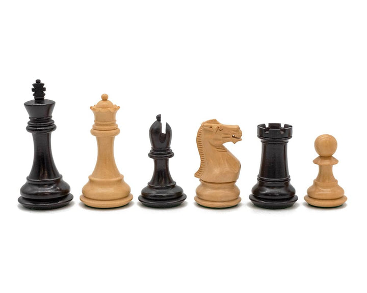 Luxury Staunton Competition Chess Set intricately crafted chessmen pieces in black and wooden colors displayed on white background.