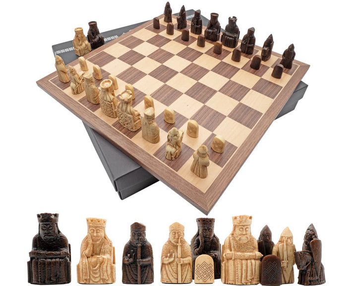 Isle of Lewis Chess Men and Board Presentation Set with intricately designed pieces and elegant wooden chess board.