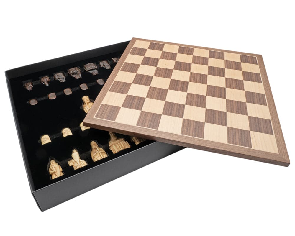 Isle of Lewis Chessmen and Board Presentation Set with chess pieces and luxury case displayed