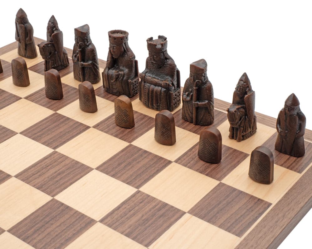 Isle of Lewis Chessmen and Board Presentation Set with intricately designed chess pieces on a wooden board