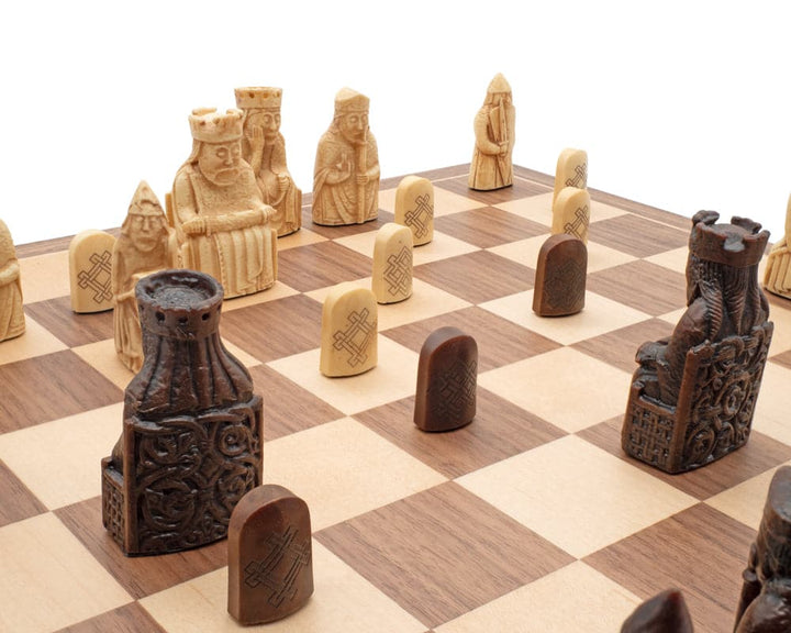 Isle of Lewis Chessmen and Board Presentation Set, detailed chess pieces and finely crafted board displayed.