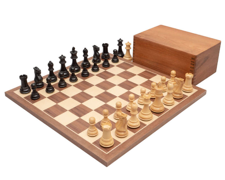 Competition Staunton Walnut Chess Set with 3 inch king, on a 15.75 inch walnut and maple board, complete with a solid wooden case