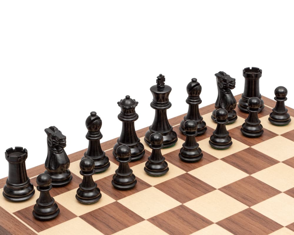 Competition Staunton Walnut Chess Set on Walnut and Maple Board with 3-inch King and Billiard Cloth Bases.