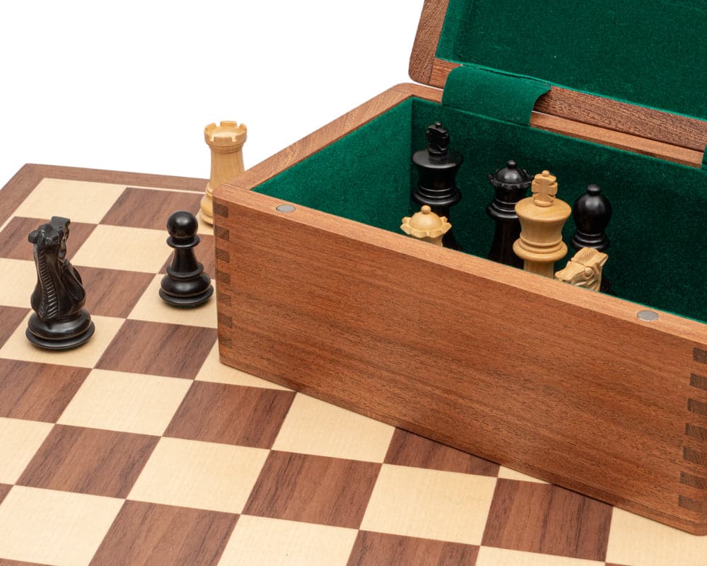 Competition Staunton Walnut chess set with handcrafted pieces on a walnut and maple board, complete with a solid wooden case