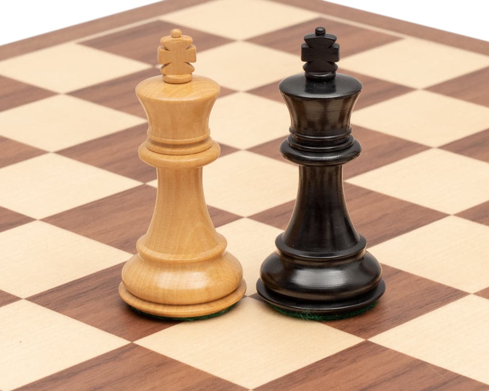 Competition Staunton walnut chess set with handcrafted, weighted kings on walnut and maple board.