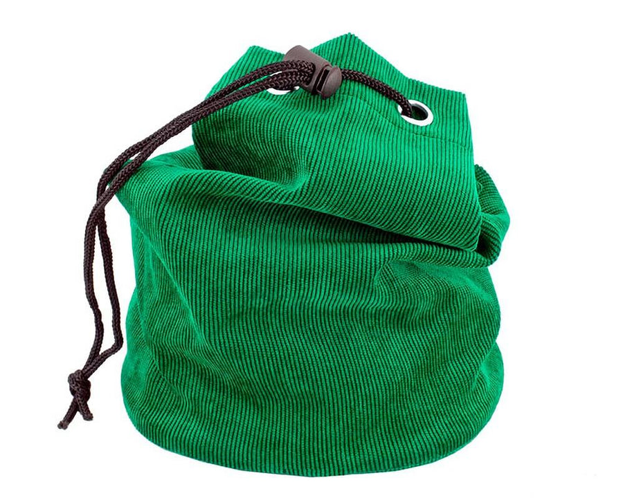 Emerald green fabric chess piece bag with drawstring closure system, suitable for pieces up to 3 3/4 inches in height.