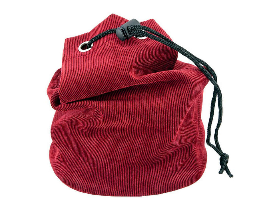 Burgundy fabric bag with metal eyelets and pull cord, designed for storing chess pieces up to 3 3/4 inches tall.