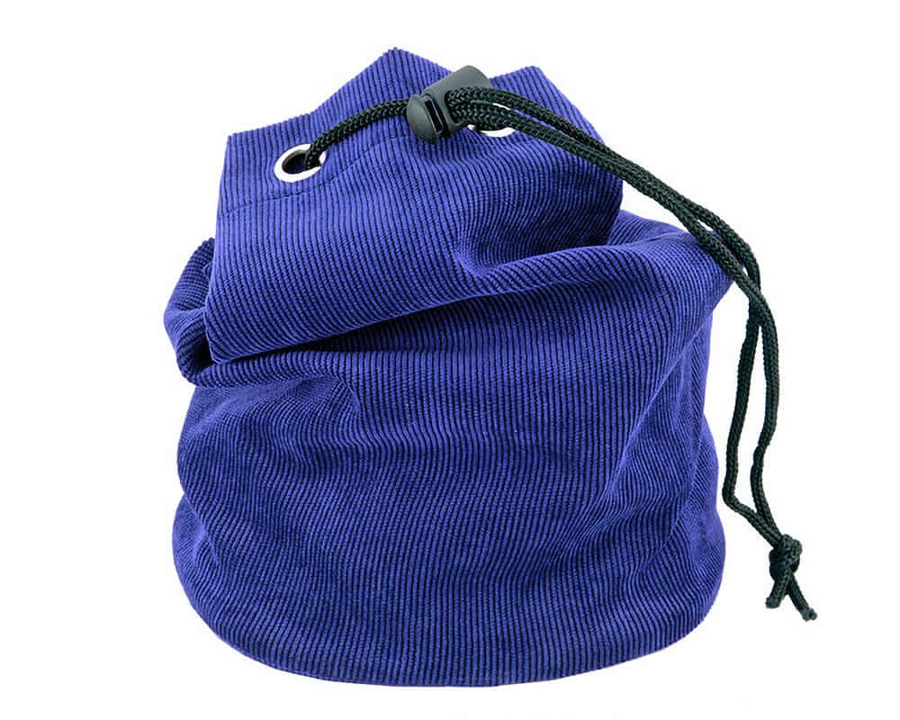 Royal blue fabric chess piece bag with metal eyelets and a pull cord for secure closure, suitable for chess pieces up to 3 3/4 inches