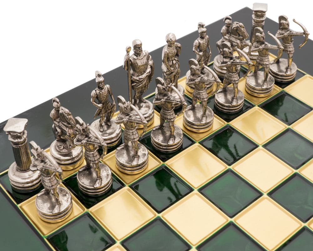 The Manopoulos Archers Chess Set with detailed chess pieces on a green and yellow chessboard