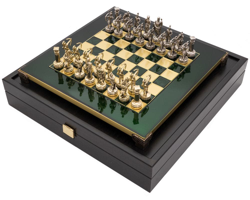 The Manopoulos Archers Chess Set With Wooden Case - Small, featuring a detailed chessboard with sculpted archers as chess pieces.