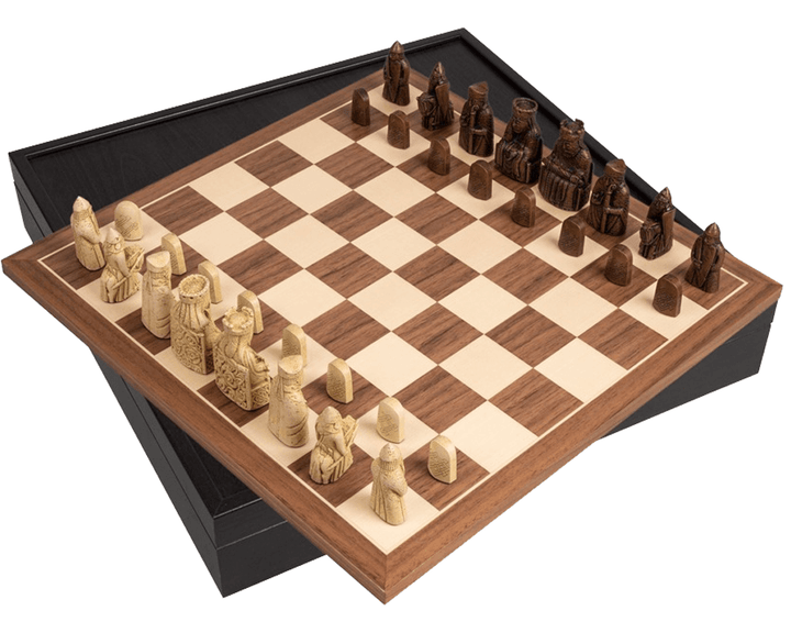 The Isle of Lewis and Walnut Deluxe Chess Set with elegant presentation box and finely crafted chess pieces on walnut chess board.