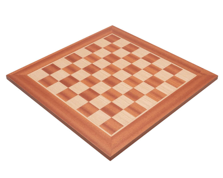 16 inch Manopoulos mahogany chess board with birch veneers, beautifully crafted in Greece, featuring 1.57 inch playing squares. Ideal for 3-3.25 inch kings.