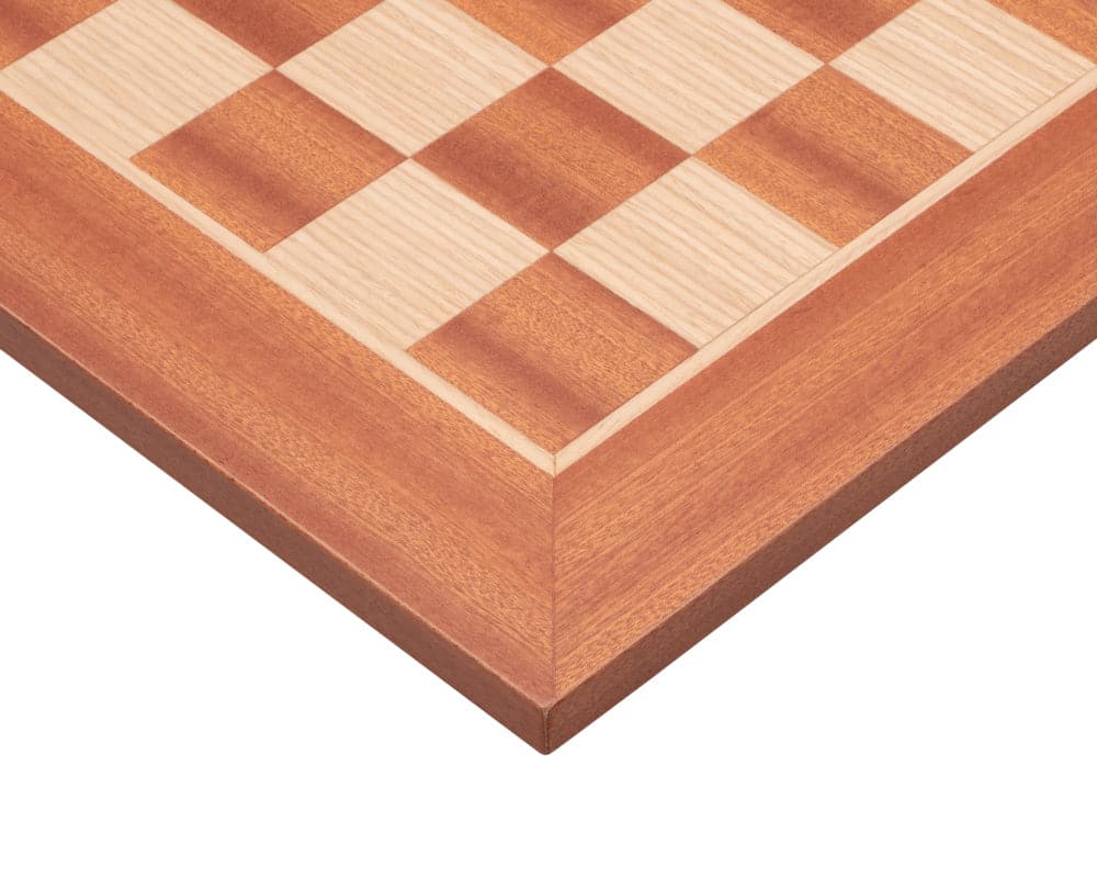 16 inch Manopoulos Mahogany Chess Board crafted in Greece with high-quality mahogany and birch veneers, featuring 1.57 inch playing squares.