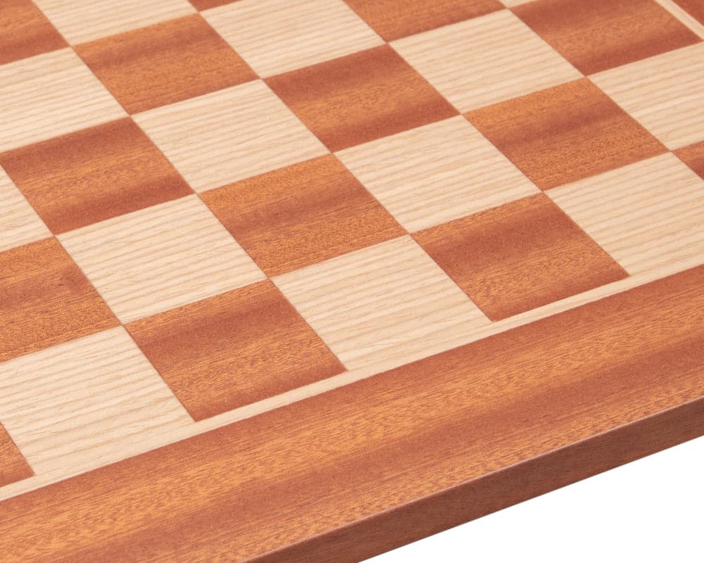 Close-up of a 16-inch Manopoulos mahogany chess board with birch veneers, featuring 1.57-inch playing squares, crafted in Greece.