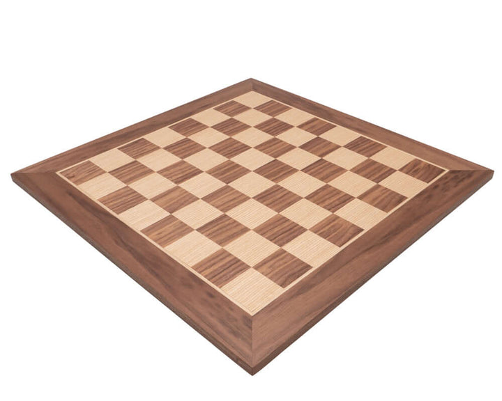 20 inch Manopoulos Walnut Chess Board crafted in Greece with high-quality walnut and maple veneers, featuring 2 inch playing squares.