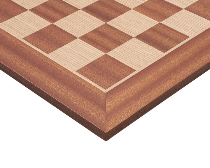 Close-up of a beautifully crafted Manopoulos mahogany and birch chess board with 2-inch playing squares.