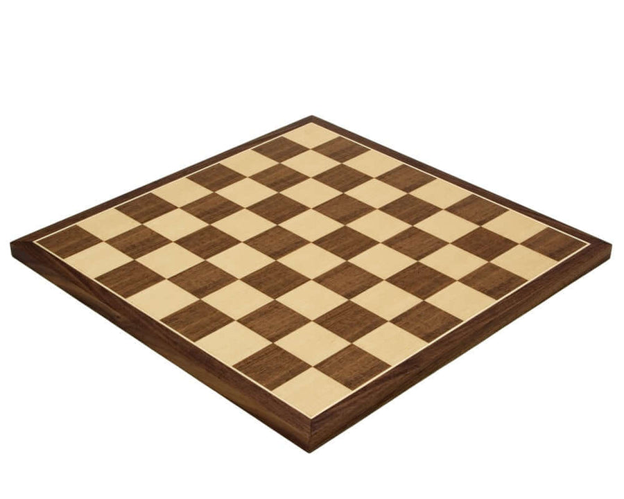 15.75 inch handcrafted Walnut and Maple chess board with 1.75 inch playing squares, ideal for 3.25 inch king height, made in Spain.