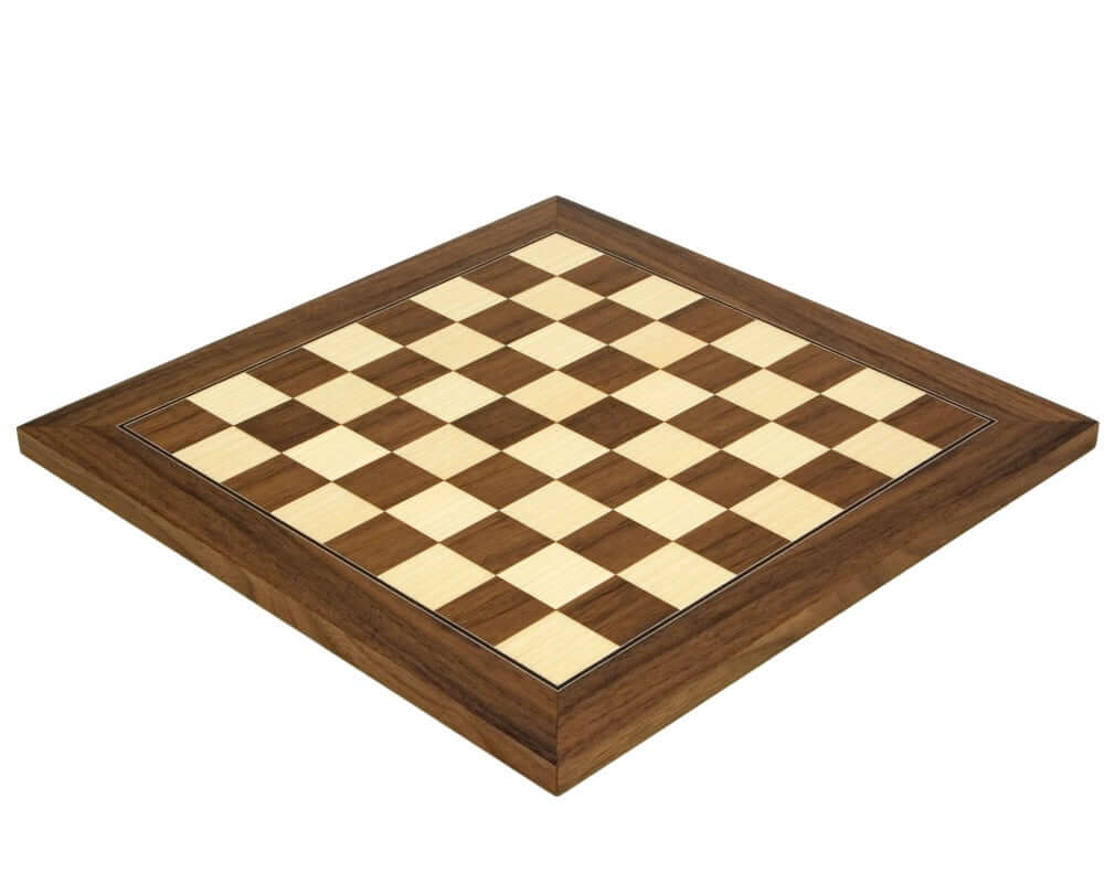 13.75 Inch Walnut and Maple Deluxe Chess Board crafted by Rechapados Ferrer, featuring 1.38 inch playing squares, premium veneer in rich colors.