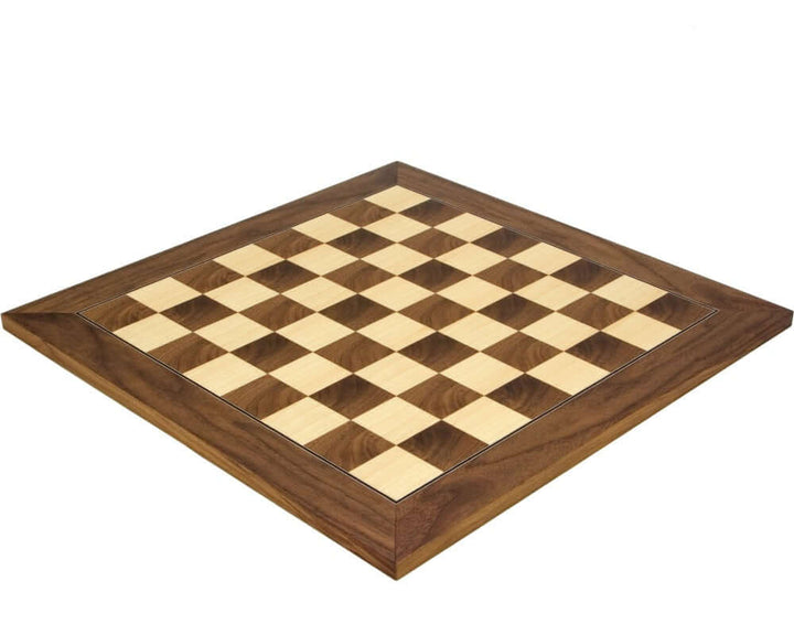 17.75 inch Walnut and Maple deluxe chess board with 1.75 inch playing squares crafted by Rechapados Ferrer S.A in Spain.