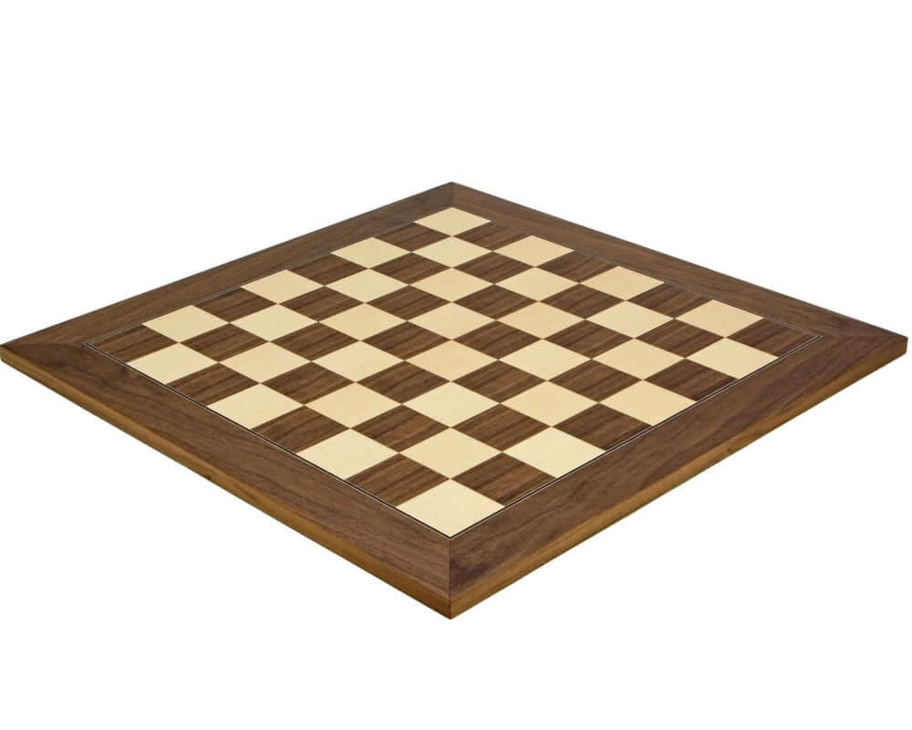 19.7 inch deluxe walnut and maple chess board with 1.9 inch playing squares crafted in Spain by Rechapados Ferrer.