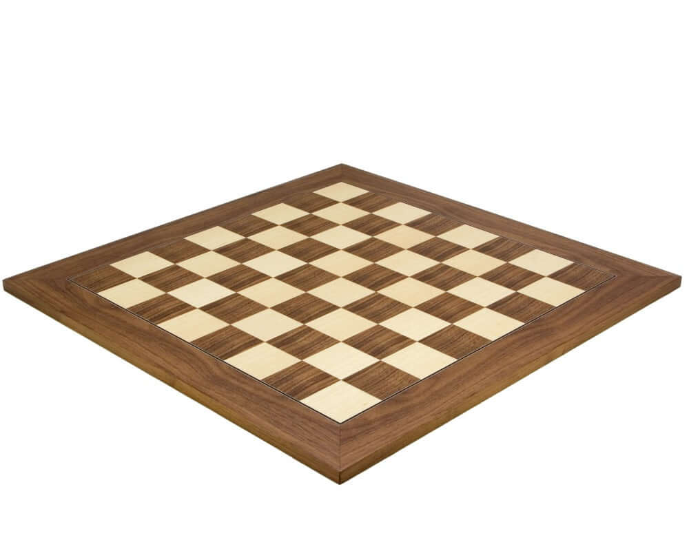 21.7 Inch Walnut and Maple Deluxe Chess Board with 2.17 inch squares, crafted by Rechapados Ferrer S.A., perfect for king height of 3.75 inches