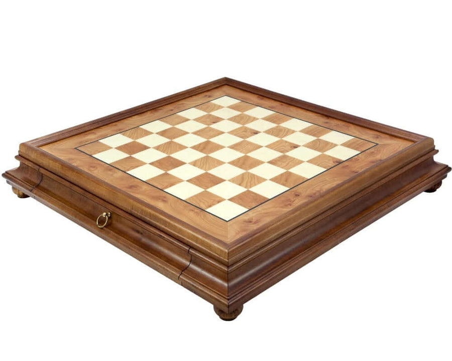 23.6 Inch Briarwood and Elm Chess Cabinet with Drawer featuring 2 inch playing squares and a luxurious veneer surface crafted by Italian artisans.