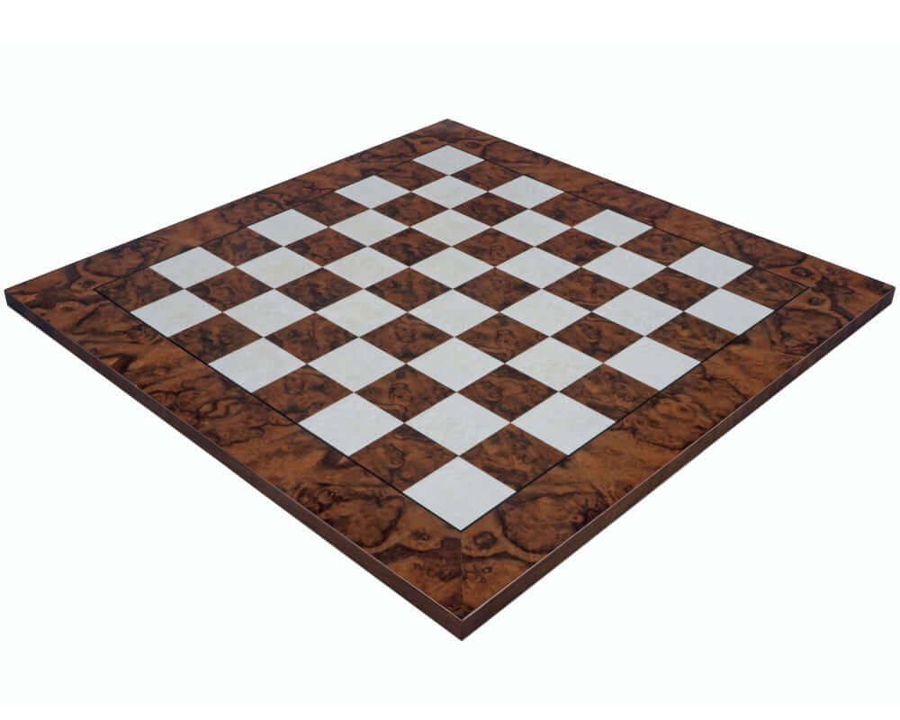 23.6 inch Dark Walnut Burl Luxury Italian Chess Board with 2.36 inch playing squares, handcrafted in Italy, showcasing superb quality and natural beauty.