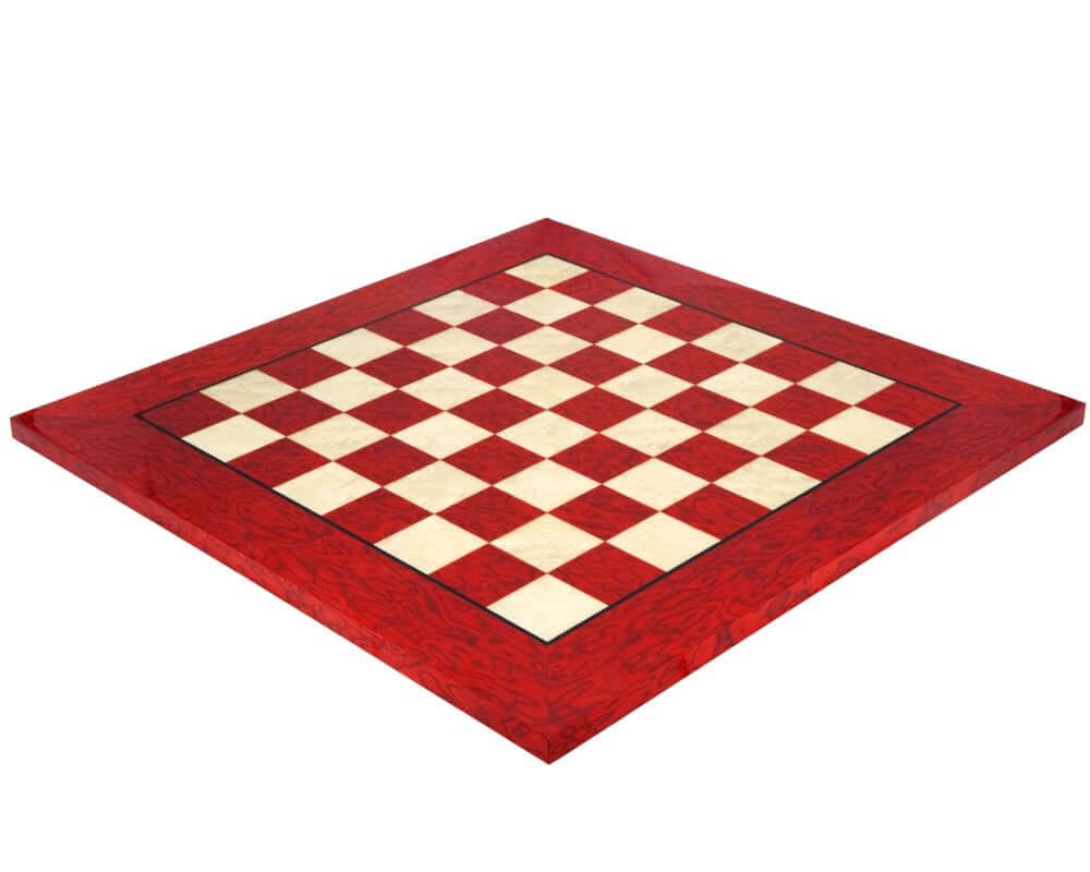 20 Inch Lacquered Red Erable Luxury Chess Board with High Gloss Finish and 1.9 Inch Playing Squares, Beautifully Crafted in Italy.