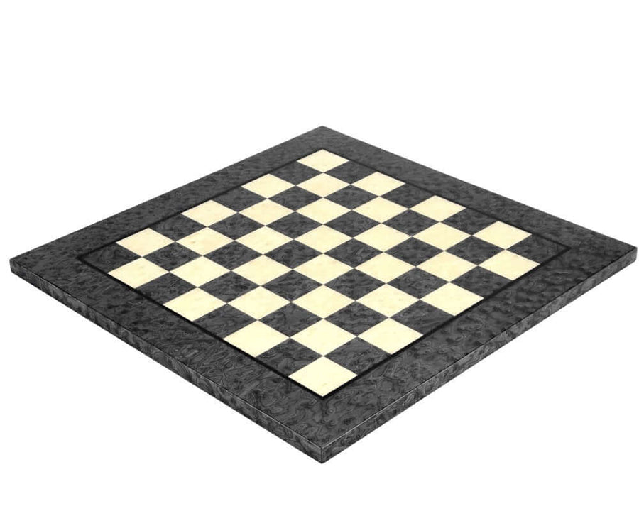 16.75 Inch Dark Grey Burl and Elm Wood Luxury Chess Board with High Gloss Lacquer Finish and 1.6 Inch Playing Squares