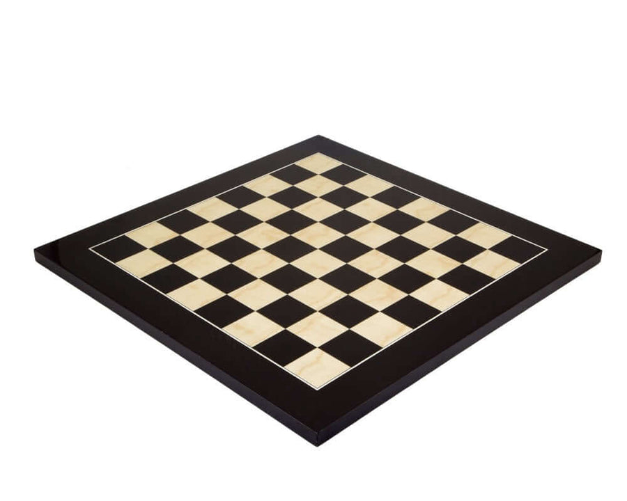 17.75 Inch lacquered black Anegre deluxe chess board with 1.75 inch maple squares, beautifully crafted with a glossy finish and modern look