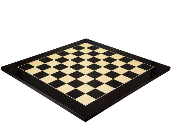 21.7 Inch Gloss Black Anegre and Maple Deluxe Chess Board with high gloss finish and 2.2 inch playing squares, crafted by Rechapados Ferrer S.A. in Spain