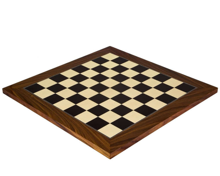 17.75 Inch high gloss lacquered chess board with light Maple and Black Anegre wood squares, ideal for 3.25-inch king height.