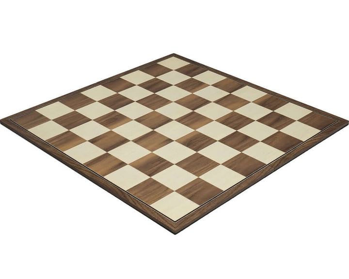 16.75-inch folding walnut and maple chess board made in Spain with an ebonised border and luxurious billiard cloth base for 3.5-3.75 inch chessmen