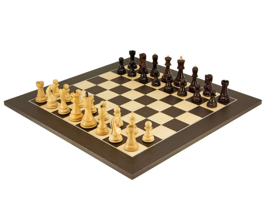 Antipodean Deluxe Tournament Chess Set with rosewood and boxwood pieces on wenge and maple board, showcasing elegant and distinctive design